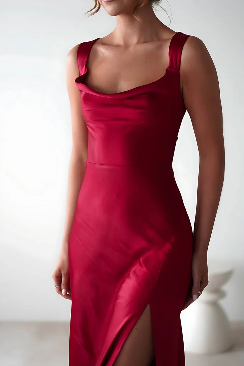 Red A-Line Square Neck Satin Long Prom Dresses with Slit