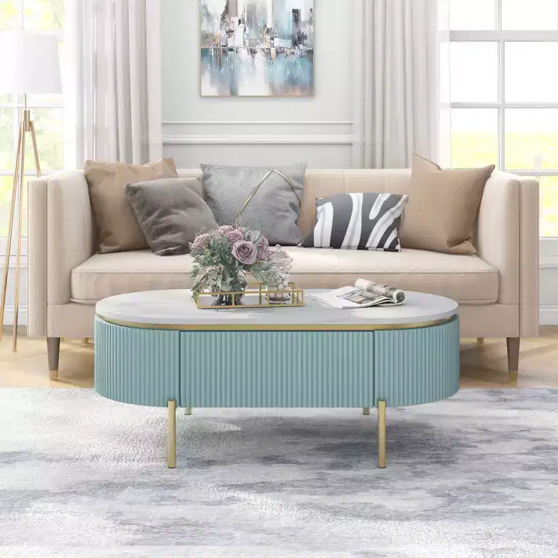 Cartehena Faux Marble Coffee Table with Drawer Light Teal Blue - HOMES: Inside + Out: Chic Gold, Mid-Century Modern Design, Concealed Storage