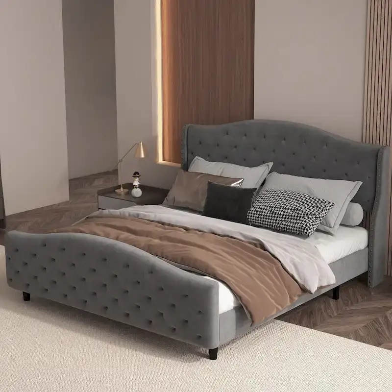 Bed Frame, Wingback Upholstered Button Tufted Headboard, No Box Spring Needed, Load Up to 800Lbs
