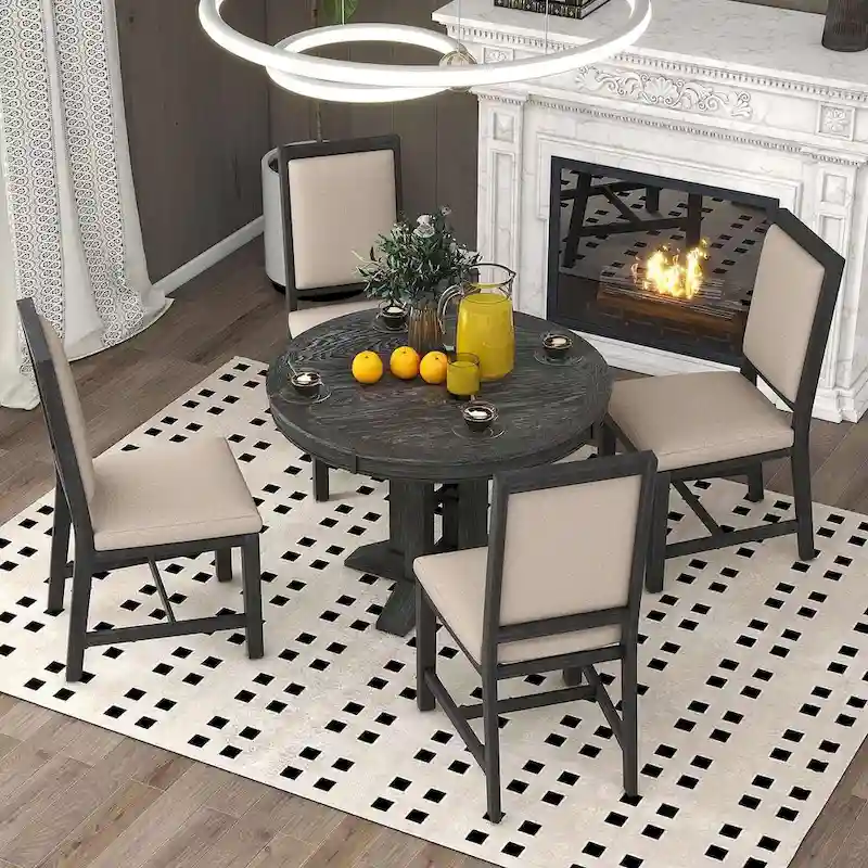 Farmhouse Retractable Round Table with 4 Upholstered Chairs