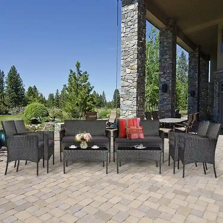 4 Pieces Patio Rattan Cushioned Sofa Set with Tempered Glass Coffee Table - 24 x 23.5 x 33 (L x W x H)