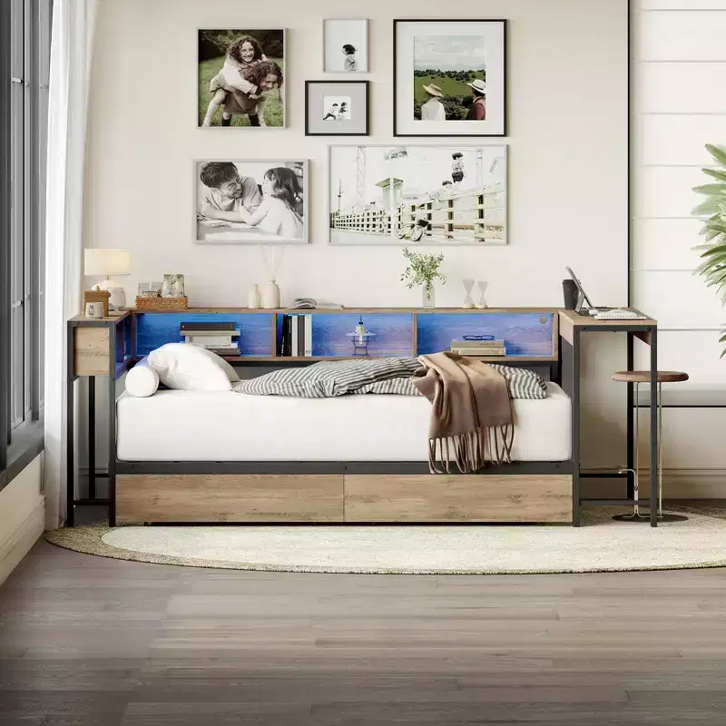 Corner Bed Frame Twin Size with Bookcase and 2 Underbed Storage Drawers, Modern Twin Bed Modern Daybed Reversible Left or Right, Grey