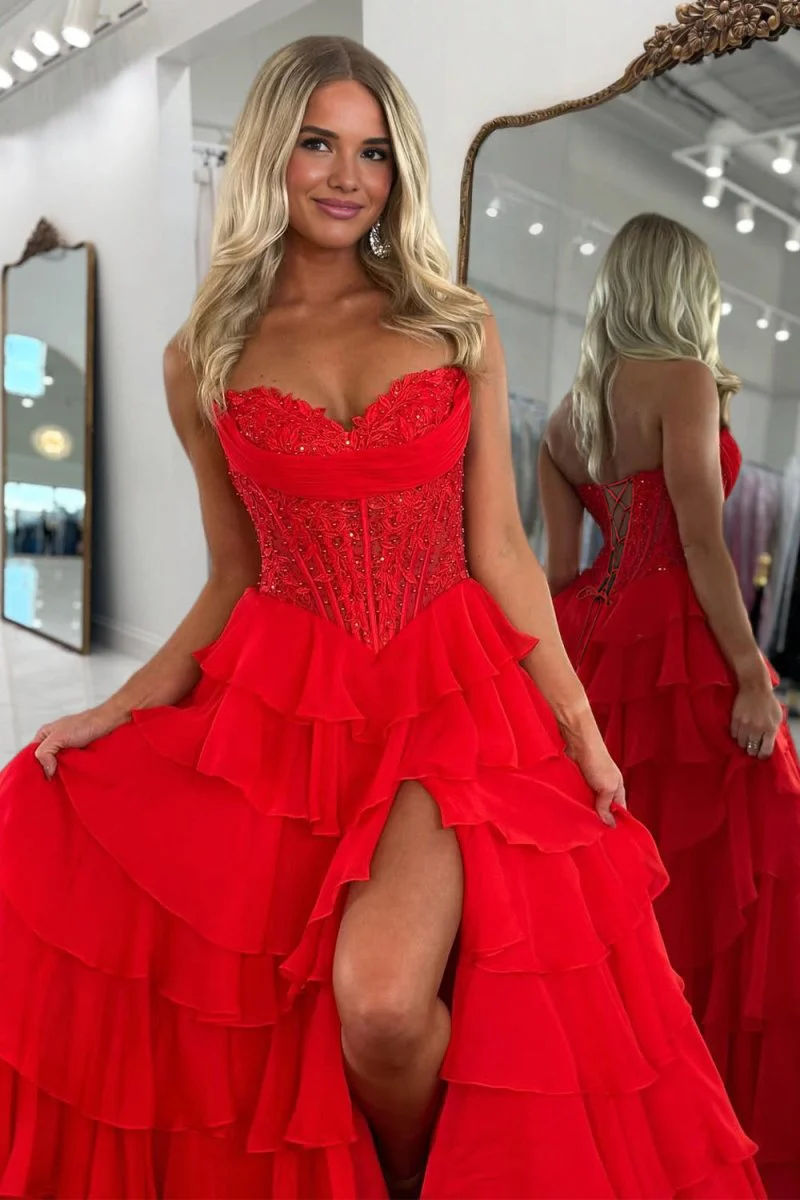 Red - Strapless A Line Chiffon Ruffled Prom Dresses With Appliques