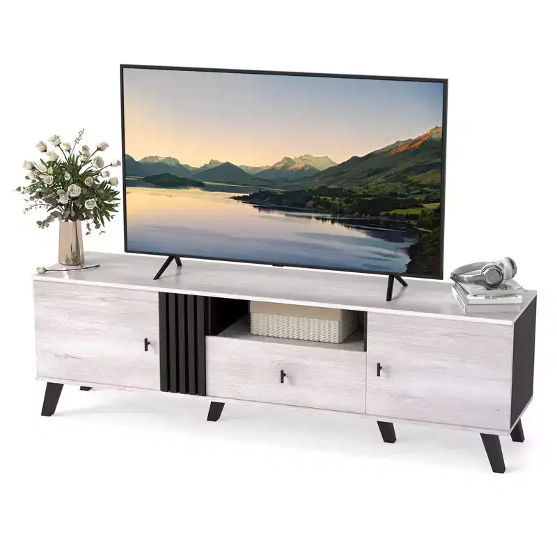 Costway Mid Century Modern TV Stand for 80 TVs with Open Shelf 2 Side Cabinets