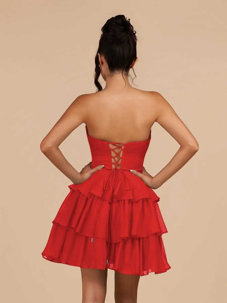 Red - Strapless A Line Chiffon Ruffles Homecoming Dresses With Flower