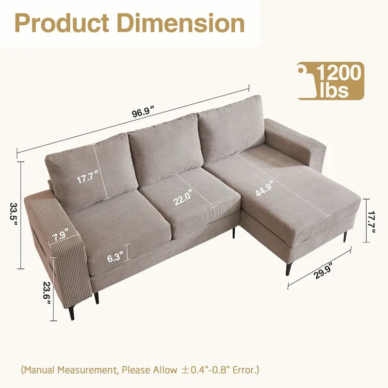 HOOOWOOO L-Shaped Upholstered Sofa Couch with Metal Legs