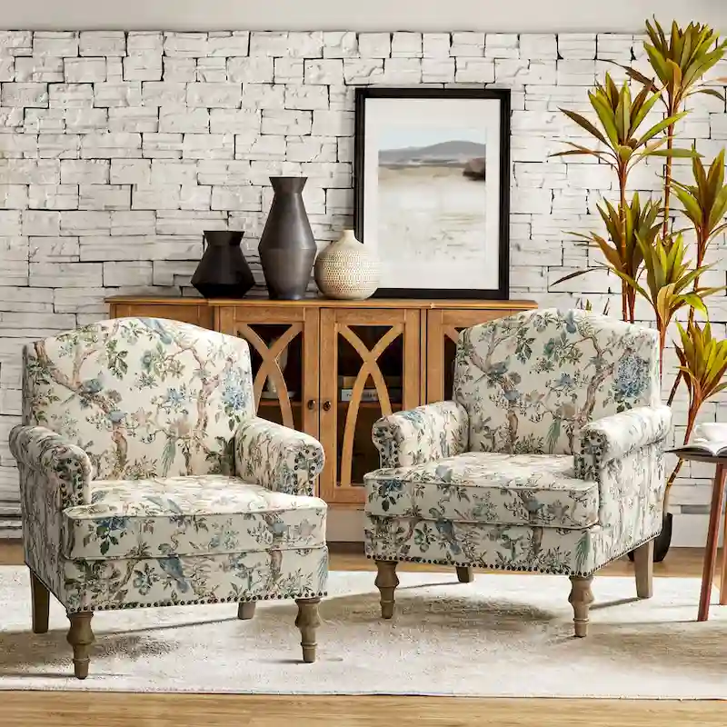Farmhouse Nailhead Upholstered Armchair with Camelback, Set of 2 (Bird/Navy/Grey/Gingen/Paisley/Floral/Fern)