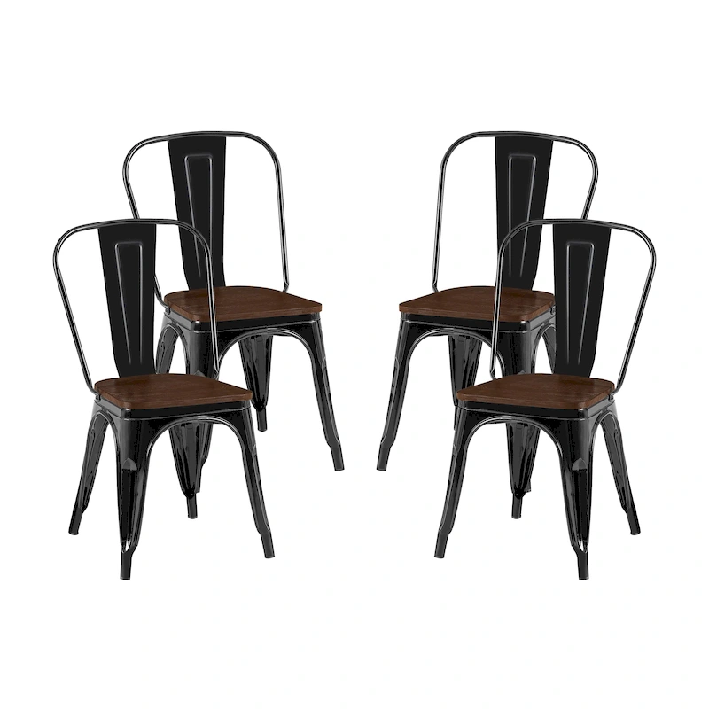 Wooden Seat Industrial Metal Stackable Dining Chair Set