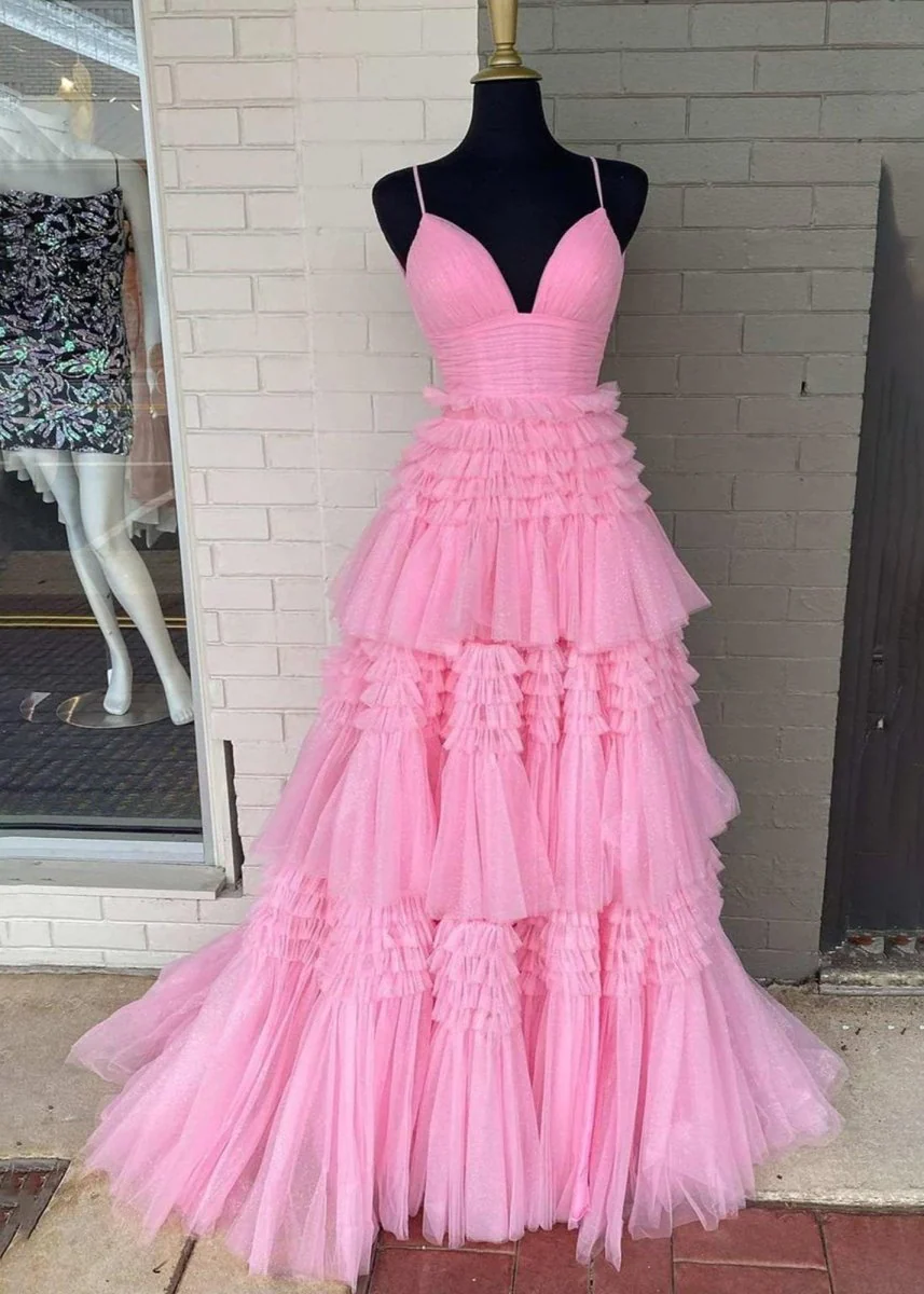 A-Line Spaghetti Straps Long Tiered Tulle Prom Dress With Split