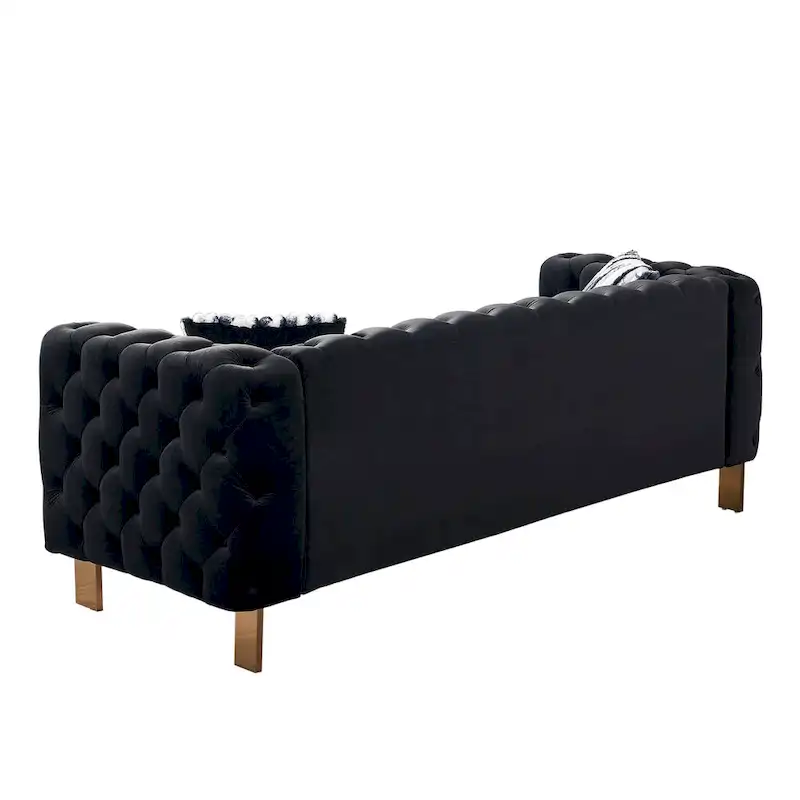 84.25 Luxurious Tufted Velvet Upholstered 3-Seater Sofa with Golden Metal Armrest Design and Buttoned Tufted Backrest