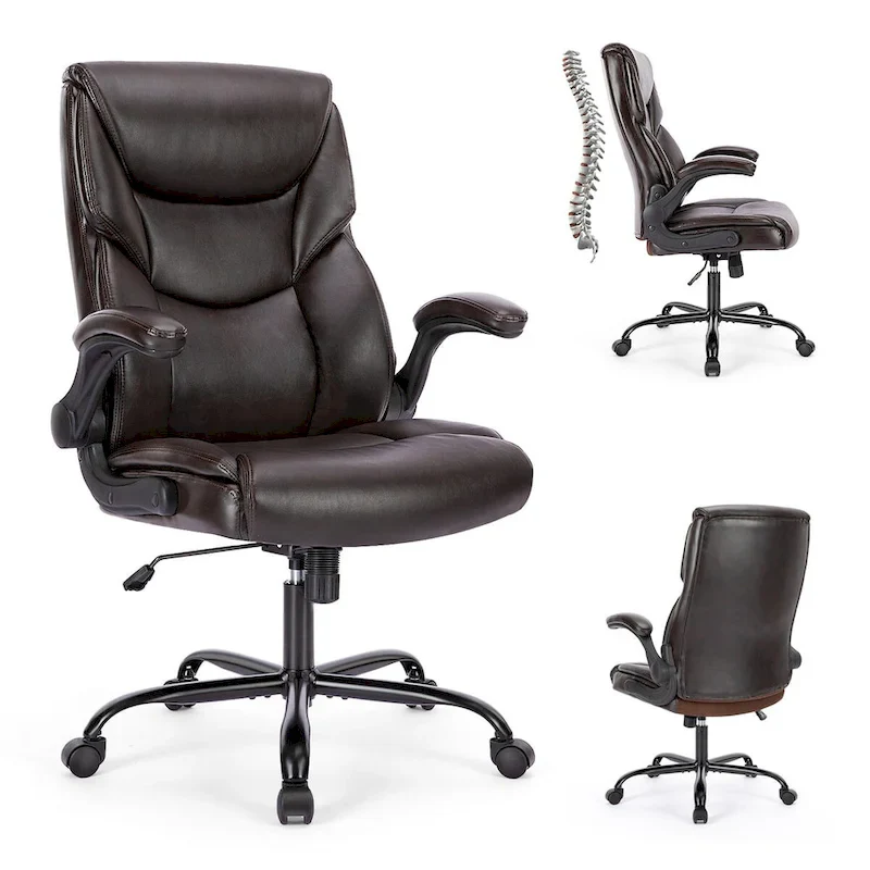 Executive Office PU Leather Desk Chair High Back Flip-Up Armrest Adjustable Ergonomic Home Office Chair