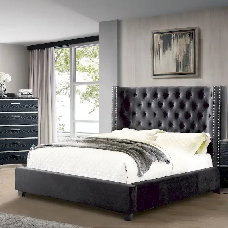 Tail Glam Grey Tufted Fabric Wingback Panel Bed