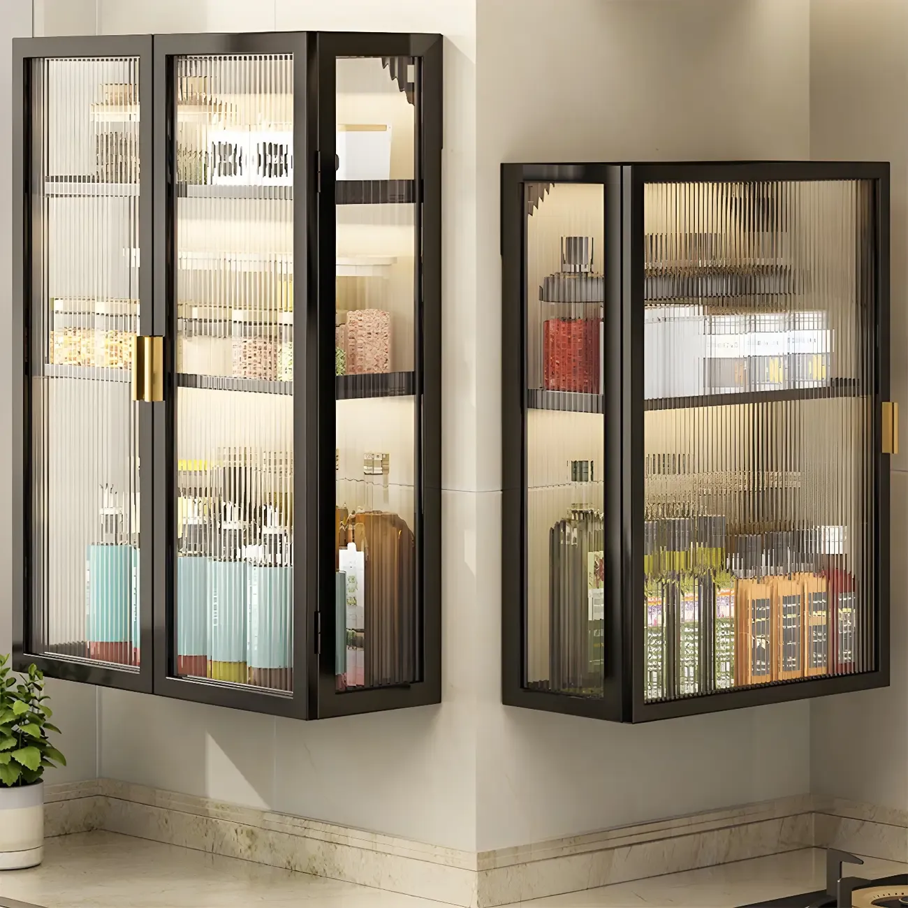 Kitchen Black Modern Metal Floating China Cabinet