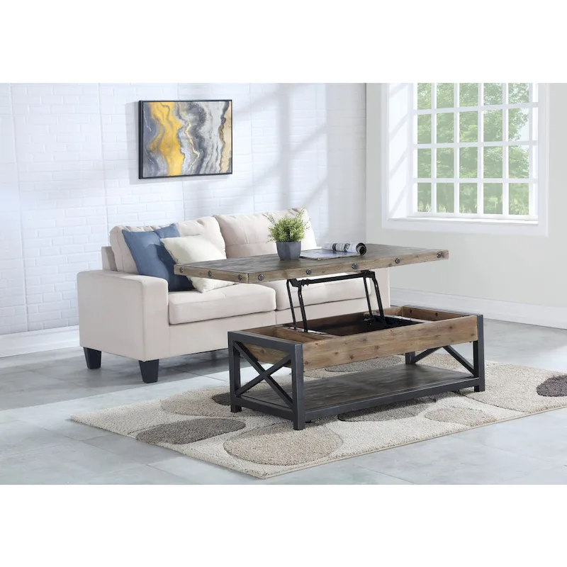 Brown Wood Rectangular Lift-Top Coffee Table with Casters - 50 x 18 x 26