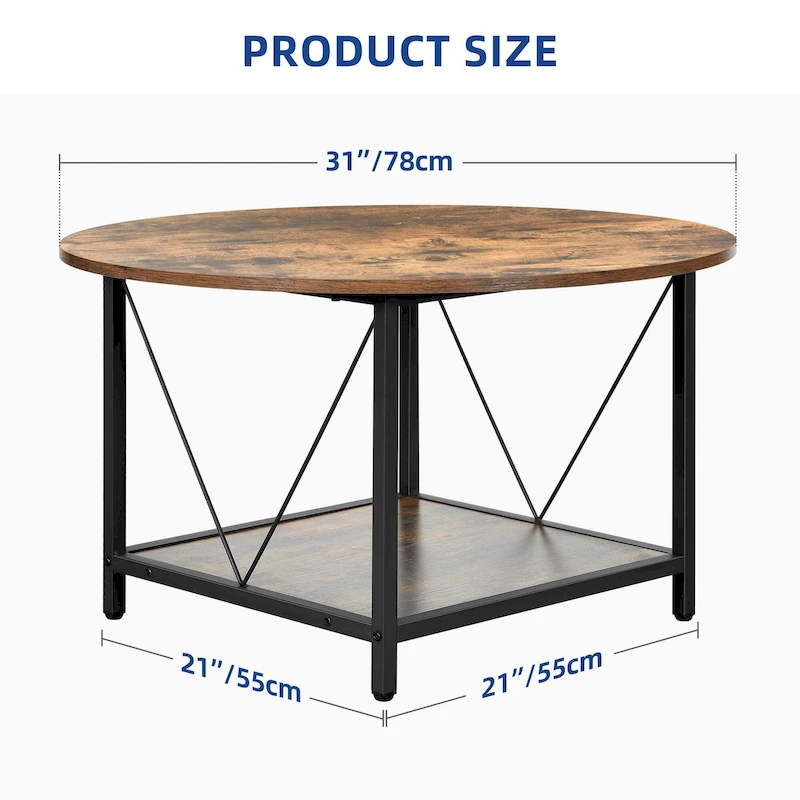 Moasis Industrial 2-Tier Round Coffee Table with Shelf