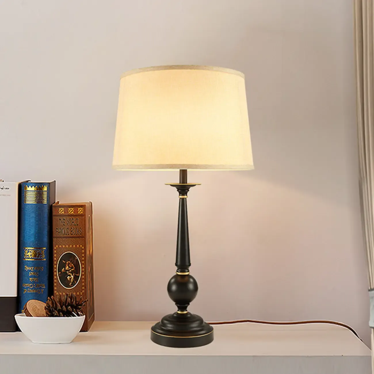 Traditional Fabric Shade Black Metal Standard Table Lamp