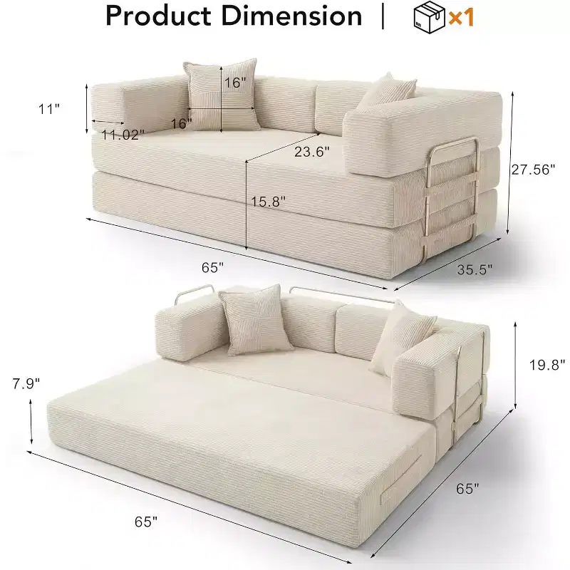 Dyonery 65-in five-in-one folding floor sofa bed, convertible into a double bed sofa bed, with a fixed metal frame, corduroy
