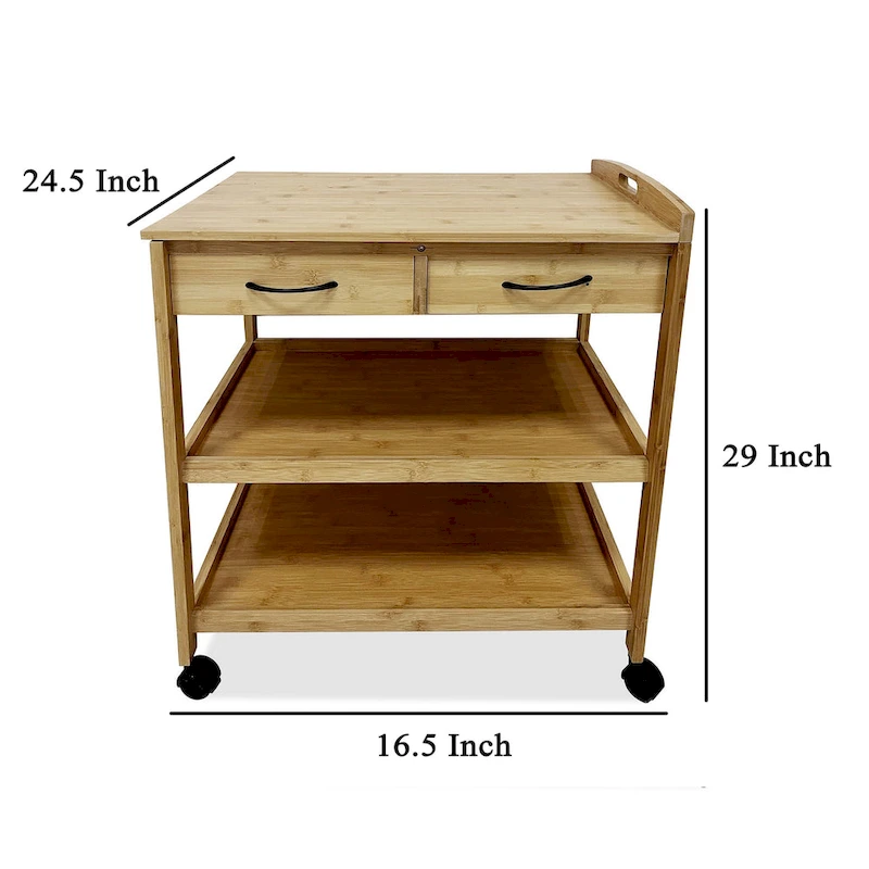 Walter Kitchen Bar Cart, 2 Drawers, 2 Shelves, Brown Bamboo, Rolling Wheels