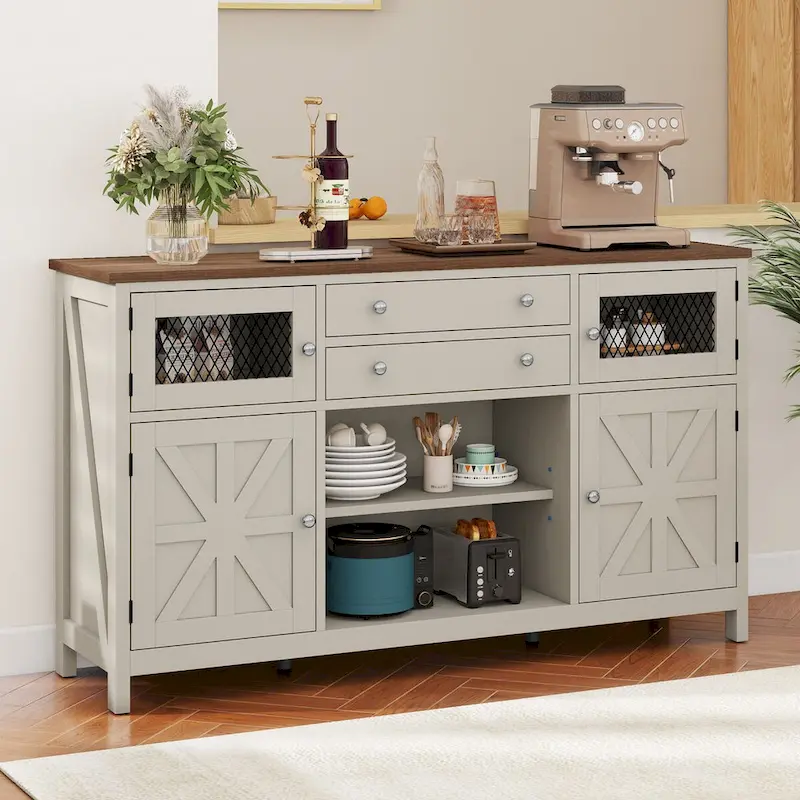 59-Inch Kitchen Sideboard Buffet Cabinet with Barn Door and Storage Drawers
