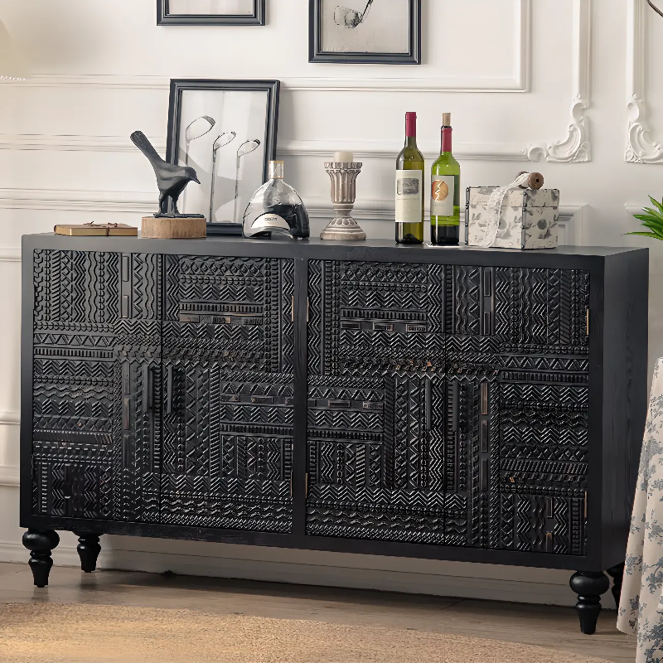 Mid-Century Rectangle Black Distressed Wood Carved Cabinet