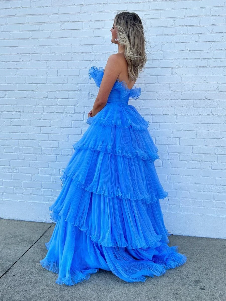 Strapless A-Line Tiered Crinkled Tulle Prom Dress