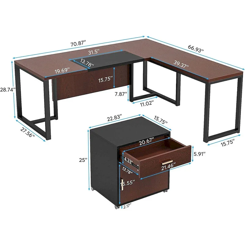 70.8 Inch Executive Desk with File Cabinet Large L Shaped Office Executive Desk Computer Desk