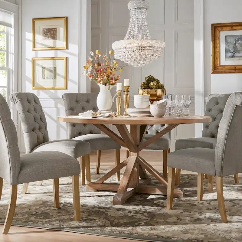 Benchwright Rustic X-base Round Pine Wood Rolled Back 7-piece Dining Set by iNSPIRE Q Artisan