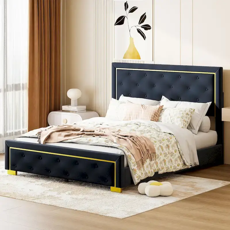 Queen Size Upholstered Platform Bed with Pull Point Headboard and Metal Wire Frame