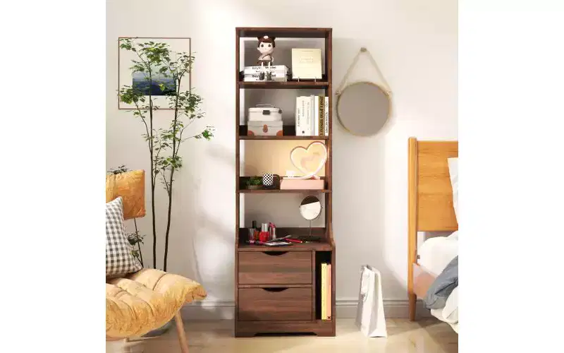 TUYOHW Modern 4-Tier Open Bookshelves with 2 Drawers,Large Capacity Display Storage Cabinet,Bookcases for Living Room,Home Office