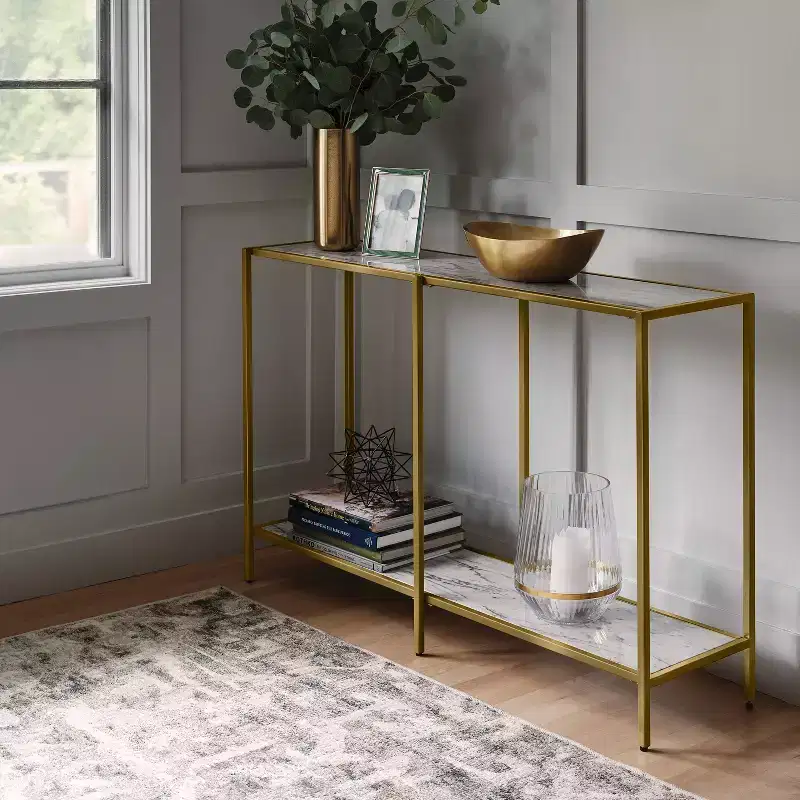 Faux Marble and Metal Console Table Gold - Threshold™: Sleek Two-Tiered, Rectangular Design, 30" High