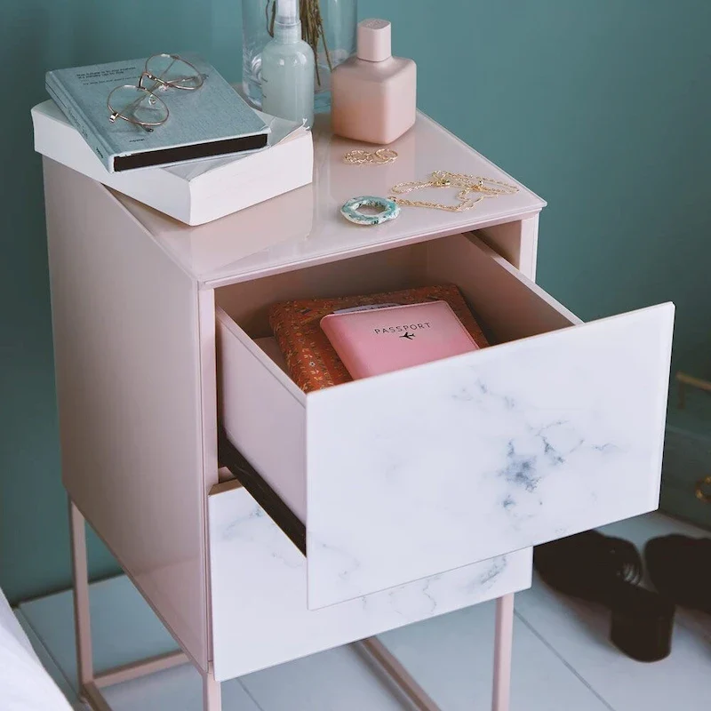 Marble Pattern Double Drawer Nightstand with Tempered Glass Top