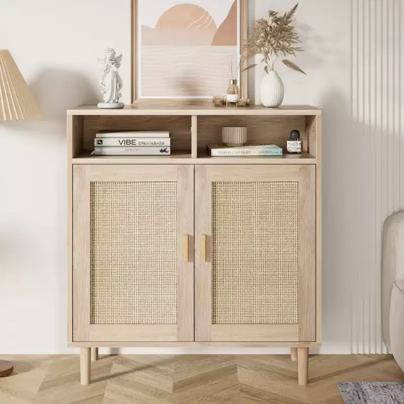 Sideboard Buffet Cabinet, Rattan Cabinet with 2 Doors, Accent Kitchen Storage Cabinet, Cupboard Console Table,Modern Coffee Cabinet for Kitchen Dining