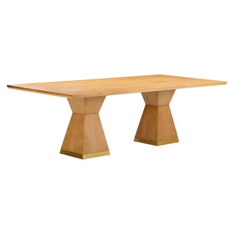 Natural Wood Rectangular Dining Table with Brass Base, Seats 8–10