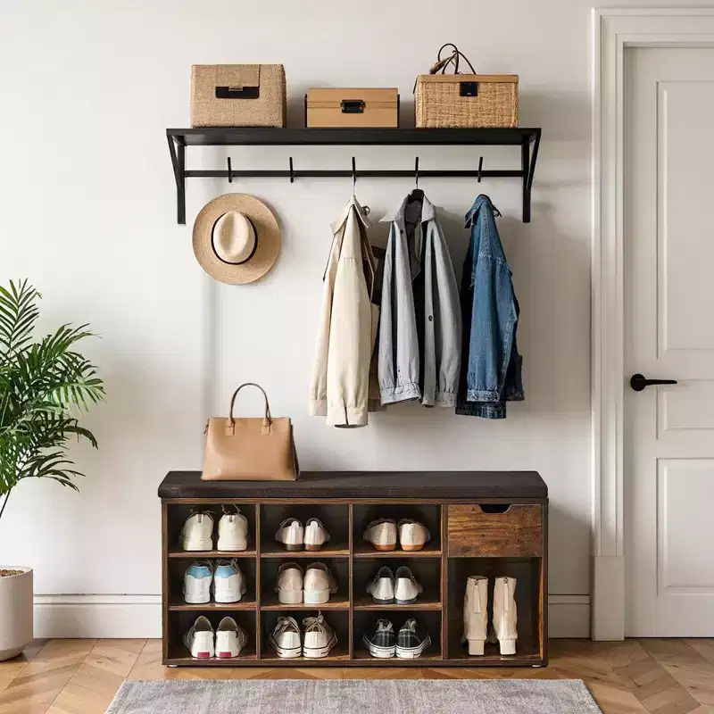 Storage Bench, Entryway Bench with Cushion, Drawer and Open Compartments, Bench with Storage, for Living Room, Bedroom, Closet