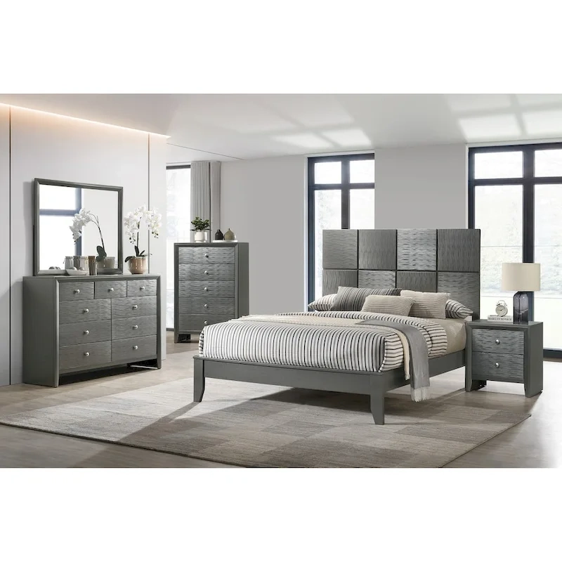 Sim 3 Piece Gunmetal Gray Panel Bedroom Set