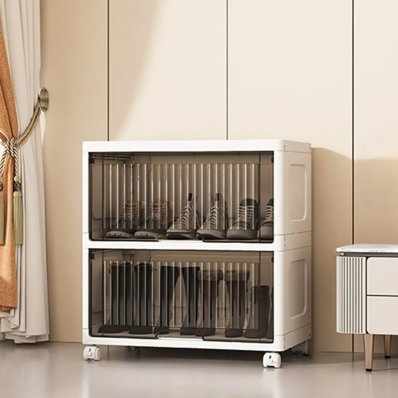 Hallway White Plastic Drop-Front Shoe Cabinet with Casters