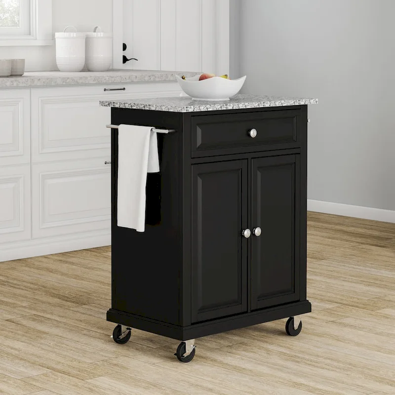 Crosley Compact Gray Granite Top Cart/ Island in Black Finish - 18d x 31w x 35.5h