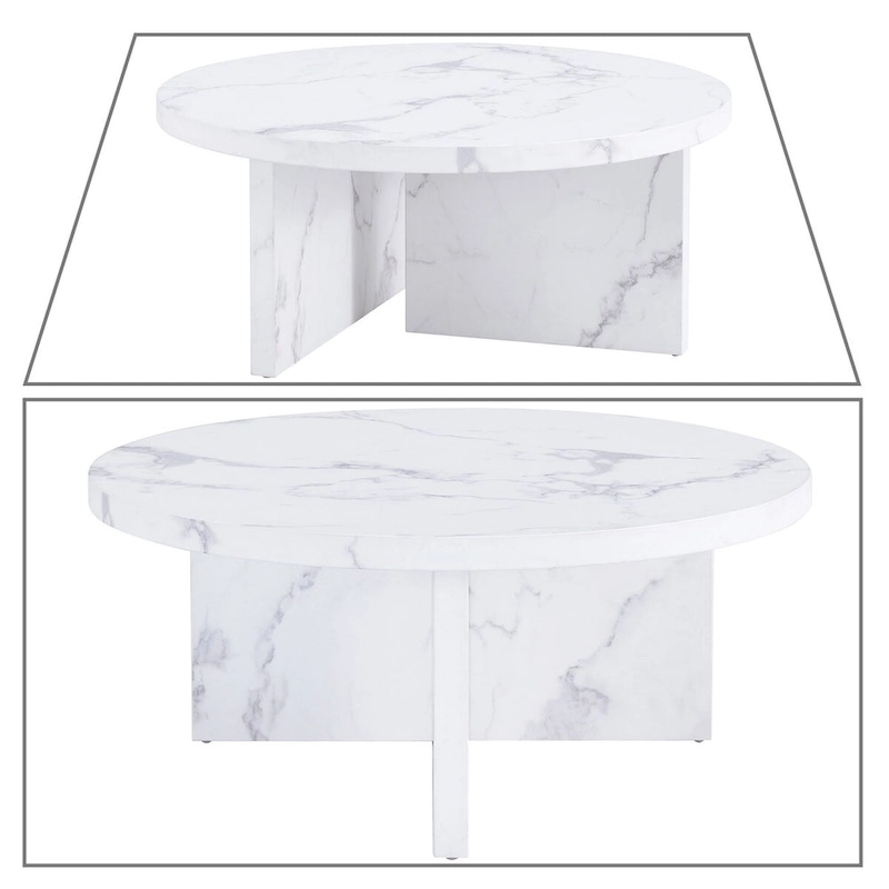 Modern Stylish Wooden Round Coffee Table with Imitation Marble Veneer Surface