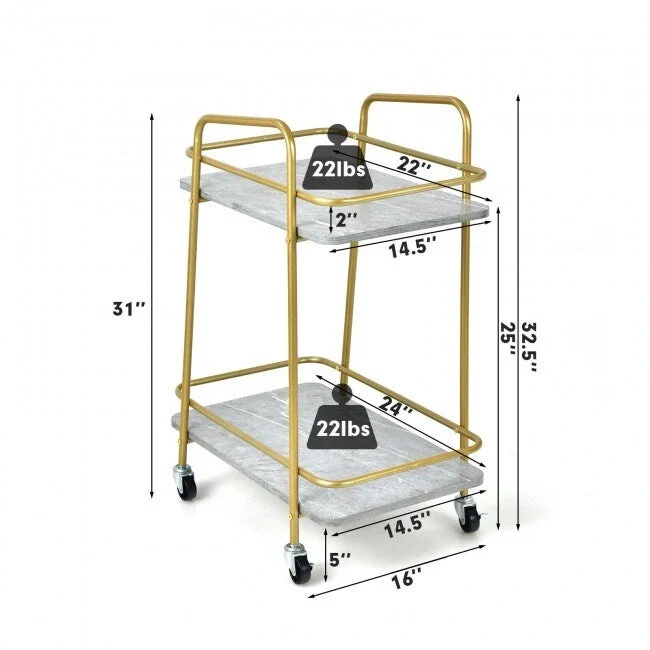 2-tier Kitchen Rolling Cart with Steel Frame and Lockable Casters-Gray - 16 x 24 x 32.5 (L x W x H)