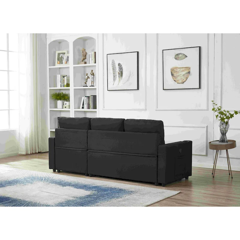 Linen Sectional Sofa Reversible Chaise with Pull out Sleeper