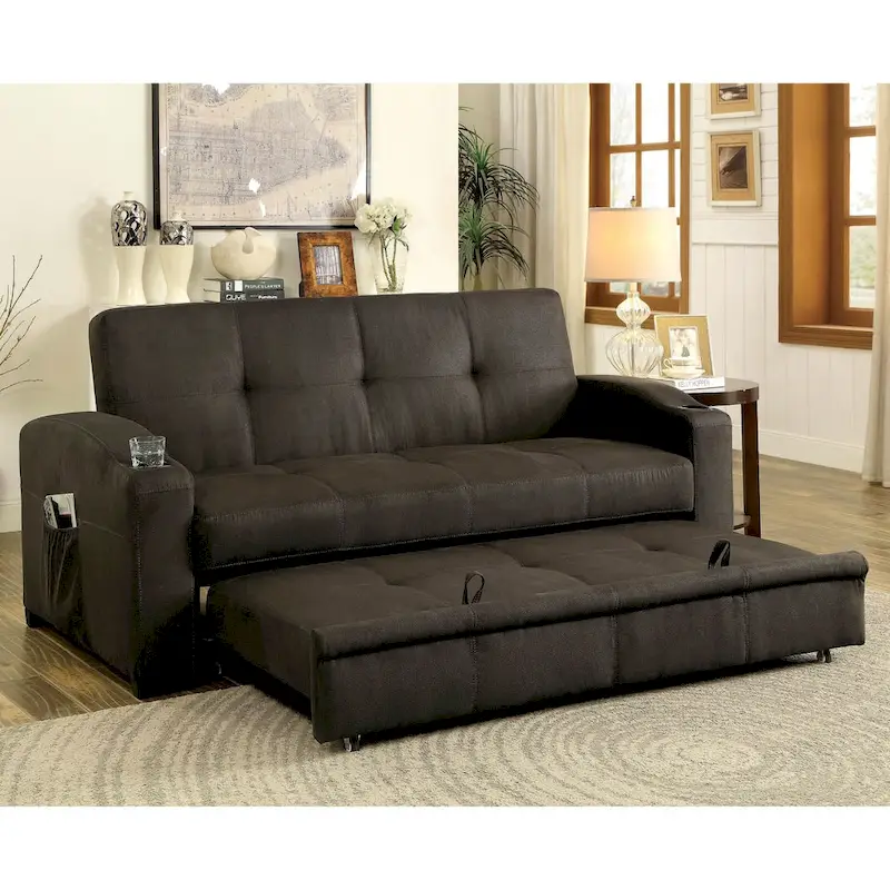 Transitional Brown Fabric Tufted Storage Futon Sofa