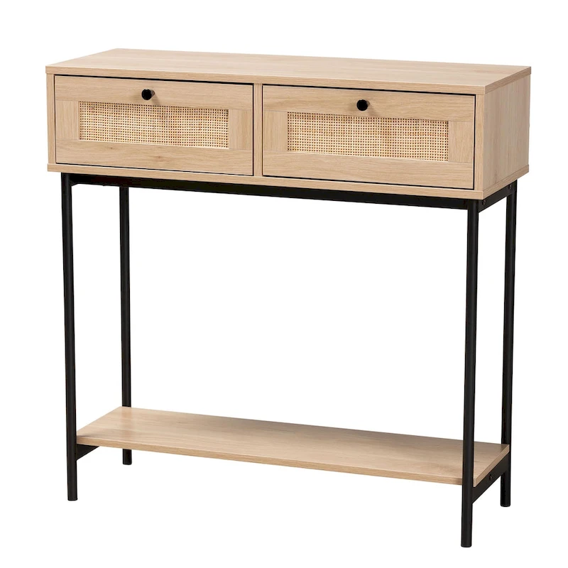 Sherwin Mid-Century Modern Light Brown and Black 2-Drawer Console Table with Woven Rattan Accent