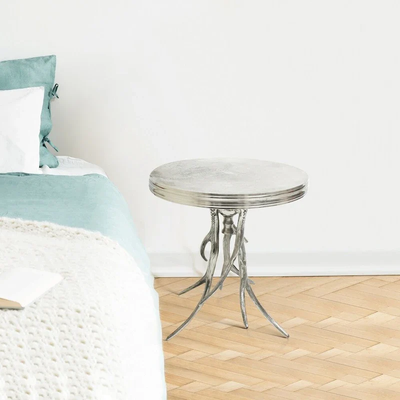 Silver Polished Aluminum Antler Base Round Accent Side Table