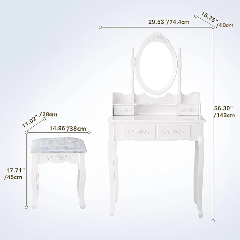 Dressing Table Set with Oval Mirror, Cushioned Stool and 4 Drawers