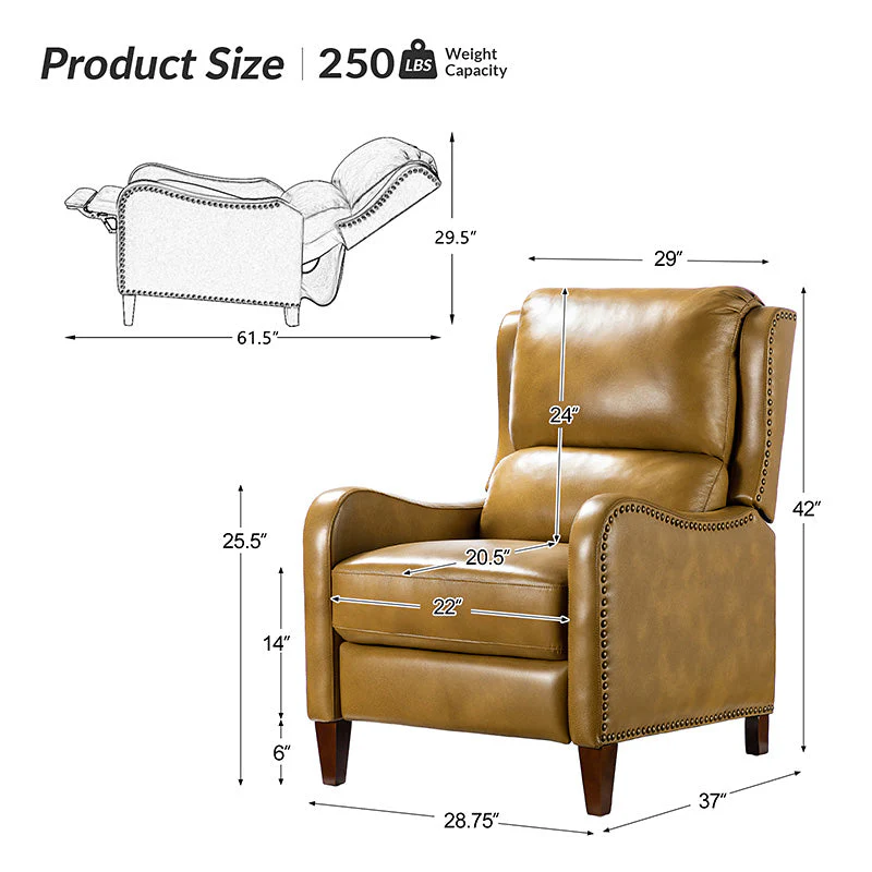 Genuine Leather Wingback Cigar Recliner with Nailhead Trim, Push-Back Recline & Birch Wood Legs | Camel / Navy / Black / Brown / Yellow / Brick / Olive / Beige | Single Seat