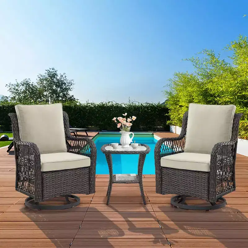 3 Piece Patio Swivel Rocking Chairs Set,360 Swivel with Glass Side Table & Comfortable Cushions,PE Wicker Outdoor Furniture for Deck,Porch and Pool