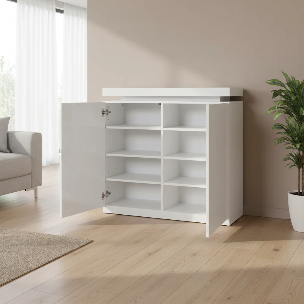 Slim Rattan Door Shoe Cabinet with LED Light & Adjustable Shelves — Holds Up to 16 Pairs