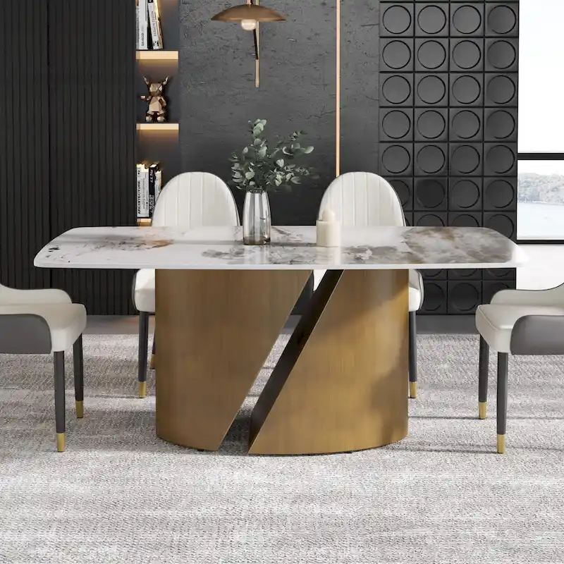 71 & 63 Modern Kitchen Table Marble Sintered Stone Table Top with Metal Gold Finish Legs