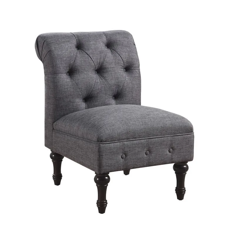 Grey Linen Chesterfield Slipper Chair, Button Tufted, Armless, 1-Seater