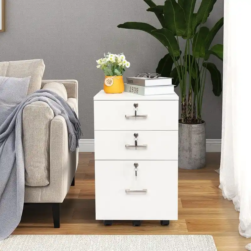 3-Drawer Rolling Wood File Cabinet with Lock